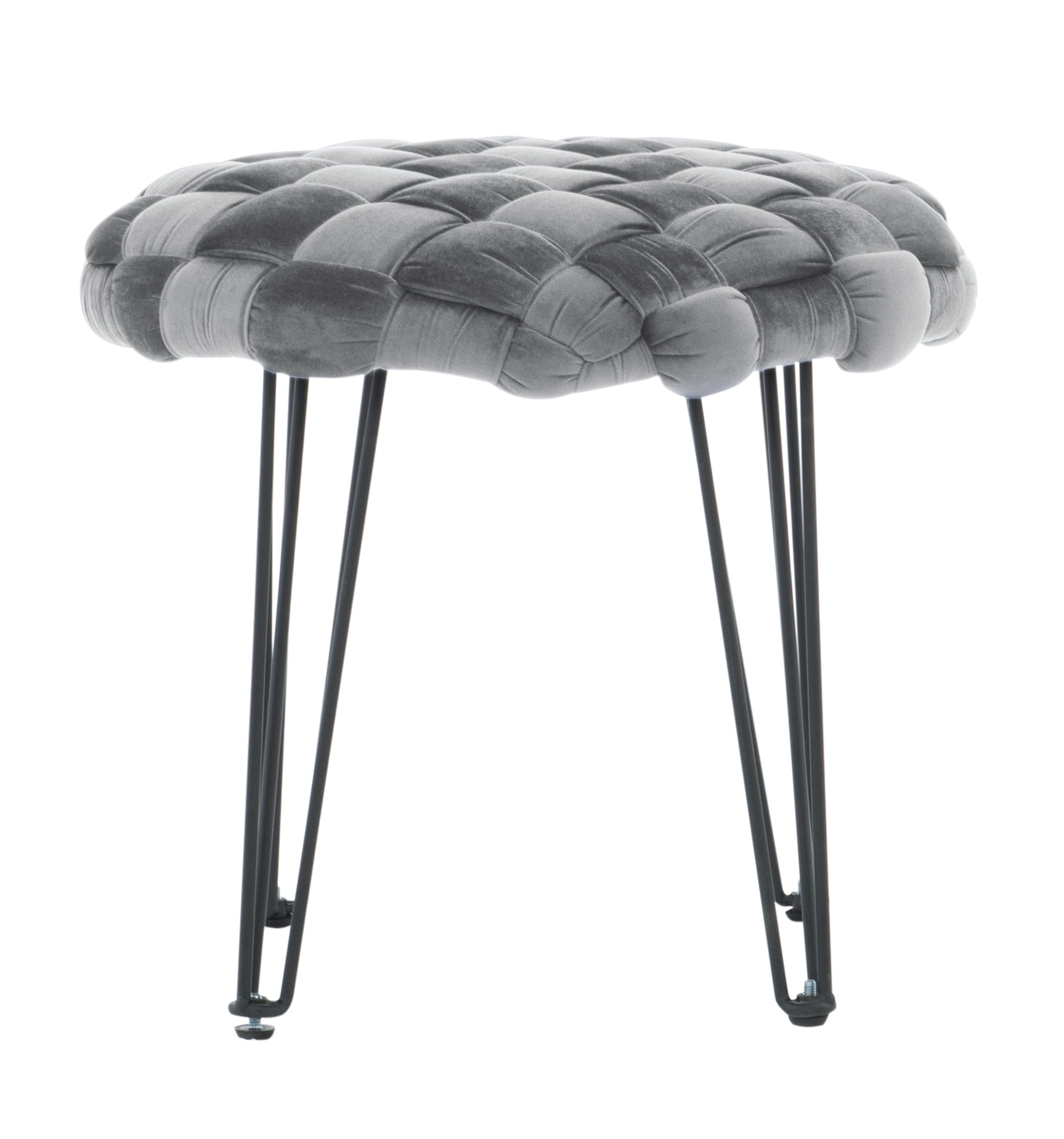 Powell Anya Round Handwoven Velvet Ottoman with Hairpin Legs, Gray