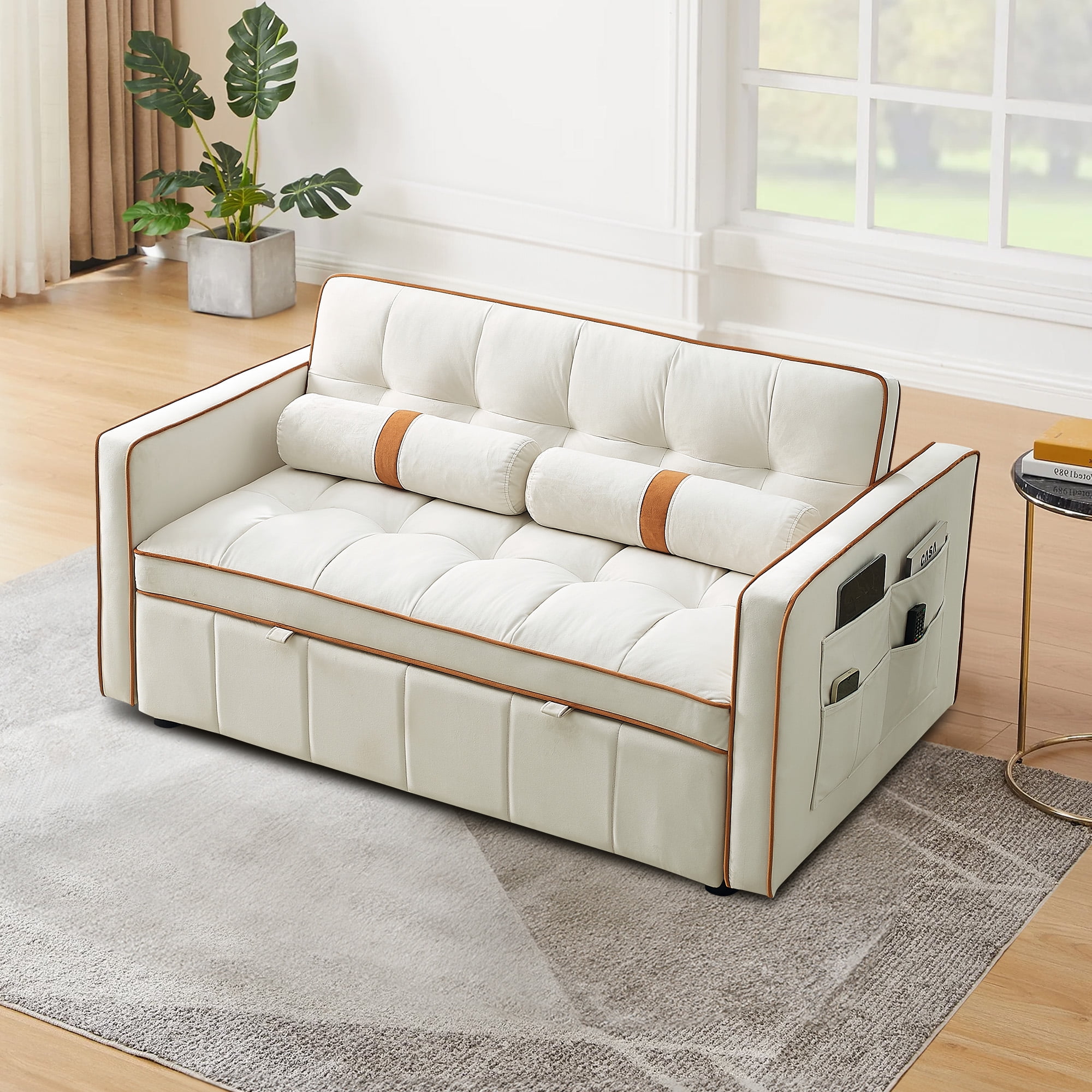 Muumblus 55" Pull Out Sofa Bed - Tufted Velvet Convertible Loveseat Sleeper Sofa Couch for Living Room, Beige