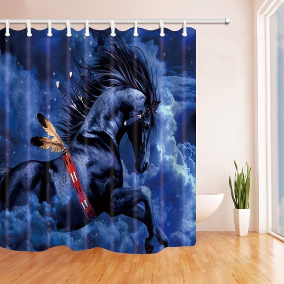 WOPOP Creative Animal Decor Horse Running in Sky with Feather across Cloud and Stars DeepBlue Polyester Fabric Bathroom Shower Curtain 66x72 inches