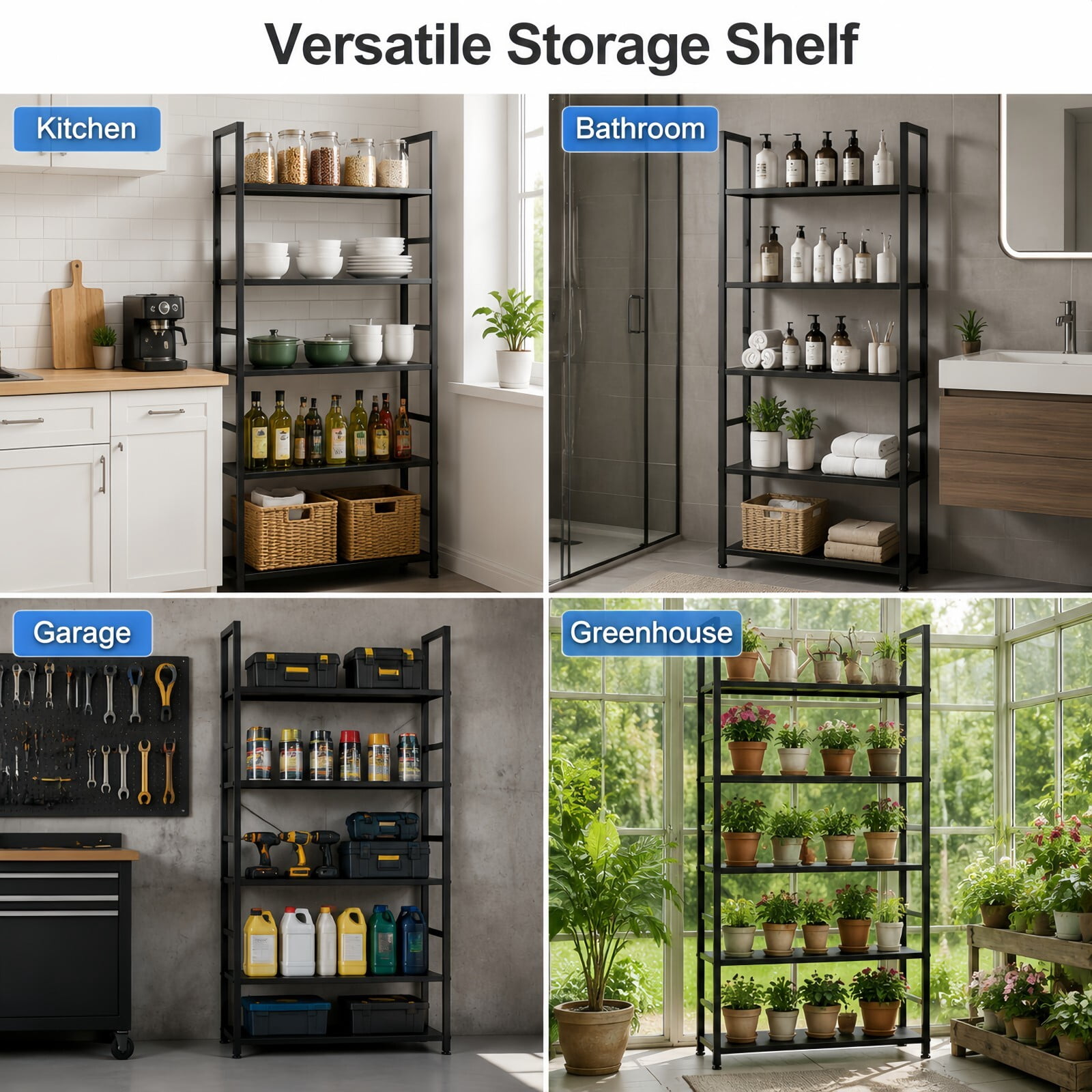 Kelno 5-Tier Bookshelf 62"x24" Industrial Storage Shelf Free Standing Bookcase Metal Frame Bookcase with Open Storage Shelves,Black