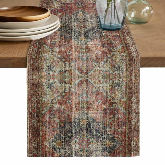 Boho Vintage Table Runner, Retro Flowers Modern Geometric Abstract Art Washable Cotton Linen Table Runners 48 Inches Long, Dresser Scarf Runner for Nightstand/Coffee/End Tables 13''x48''