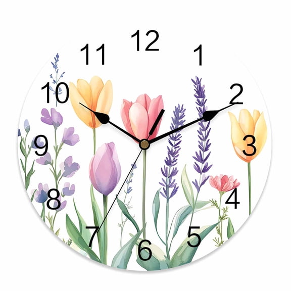 Silent Wall Clocks Battery Operated, Pastel Watercolor Floral Round Decorative Wall Clock for Living Room Bedroom Kitchen Bathroom Classroom Decor, 14 Inch Tulip Flower Pink Yellow Purple
