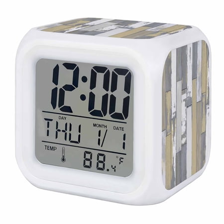 Alarm Clocks Yellow Wood Grain Digital Clock 7 Color LED Night Light Silent Non-Ticking Battery Operated Retro Rustic Wooden Plank Cube Clocks for Bedroom Bedside Living Room Office School