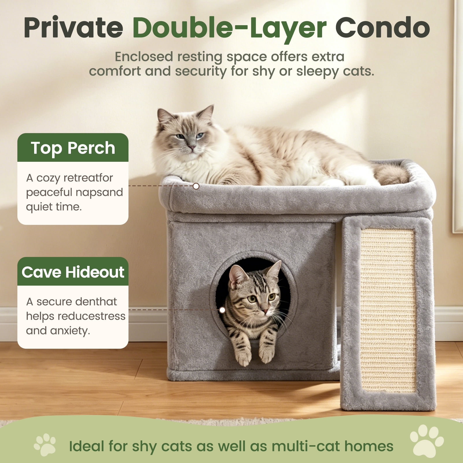 Cat Tree Tower with Perch Bed and Washable Top, Cat Tree with Sisal Scratching Posts, Condos, Plush Perches, Hanging Cat Toys, Extended Platform for Cats to Play and Sleep, Gray