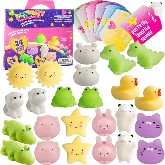 Kid's Deluxe Squishy Valentine Day Cards & Toy Set - 24 Pet Mochi Squishies, Enough for The Entire Class - Individually Packed- Includes Slow-Rising Animals & Card - Boys and Girls Classroom Exchange
