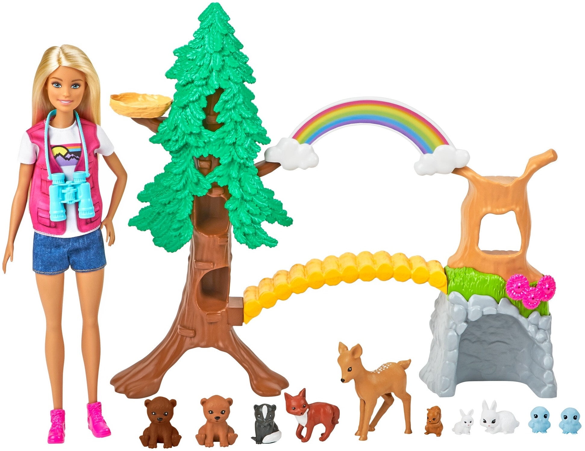 Barbie Wilderness Guide Doll & Playset, Blonde Doll with 10 Animal Figures, Tree, Rainbow & More