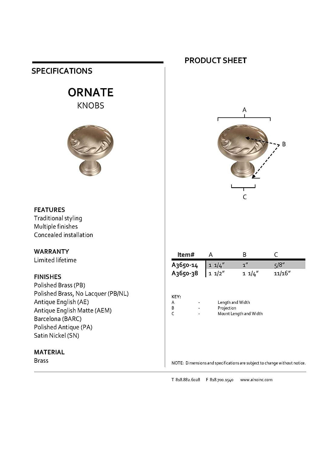 Alno A3650-14-BARC Ornate 1-1/4 Inch Cabinet Knob Barcelona