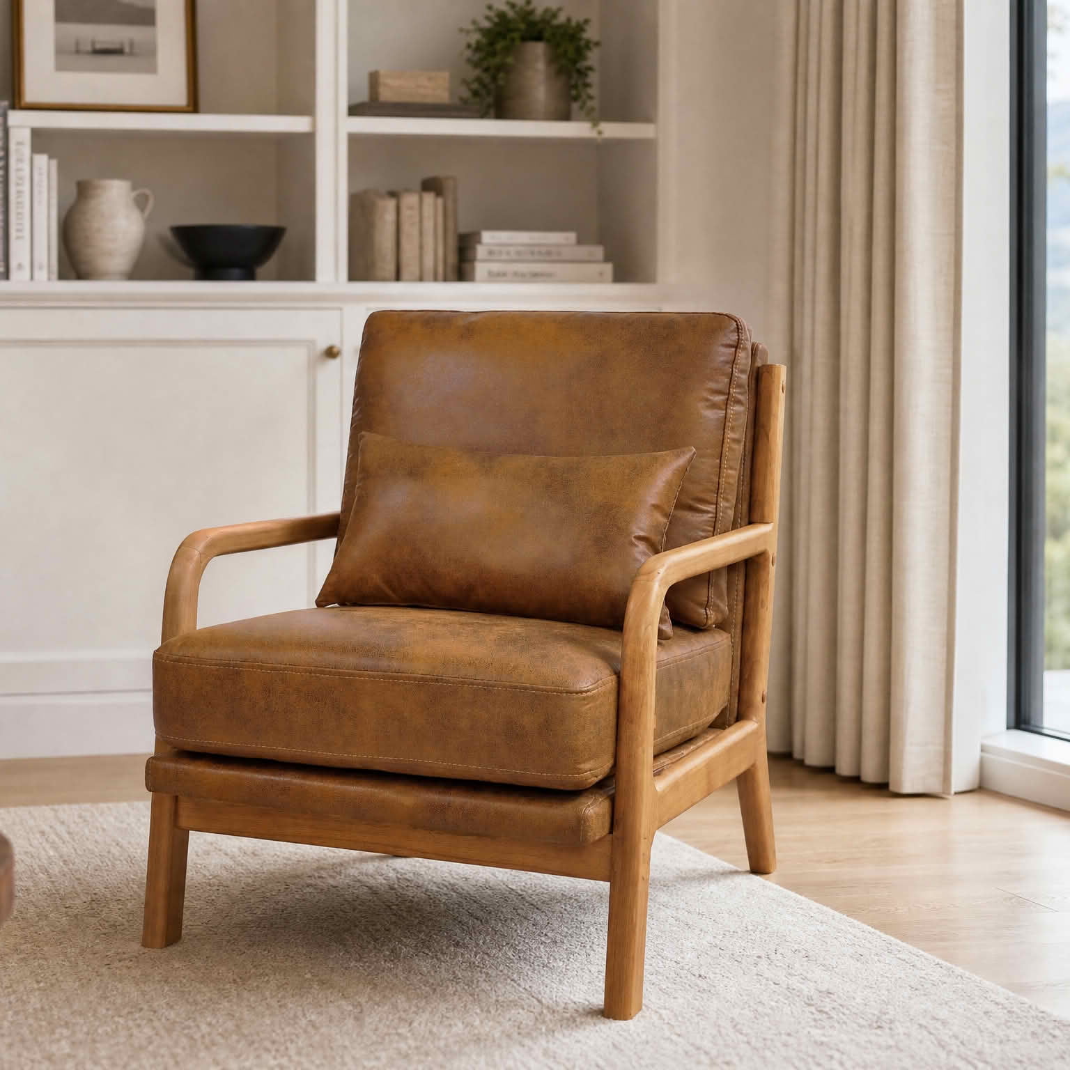 MAYEERTY 26 In Solid Wood Armchair, Curved Armrests, Foil Fabric, Memory Foam, Light Brown, 300 lb