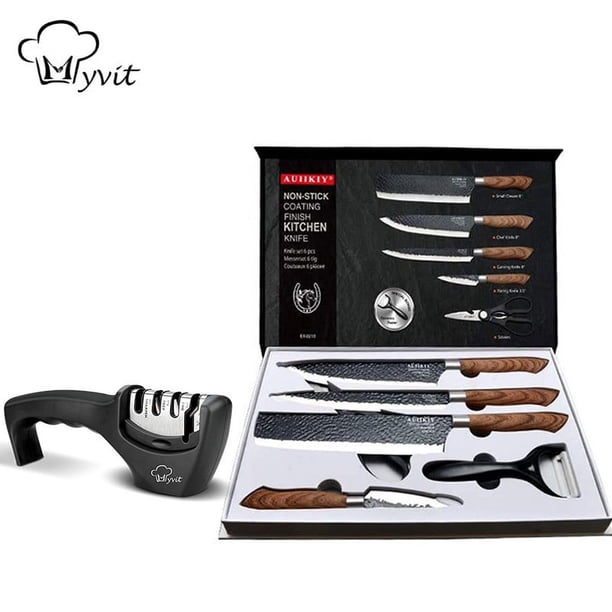 Juego de Cuchillos de Cocina MYVIT Cuchillo de Chef Acero Inoxidable Tijeras Nakiri Afilador 4 en 1