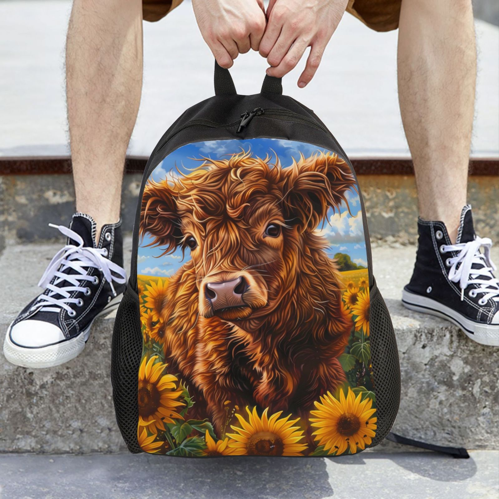 Xecao Cloud Sky Sunflower Cow Print School Backpack with Laptop Compartment Small Travel Laptop Backpack for Women Men Waterproof College Backpack Simple School Bag