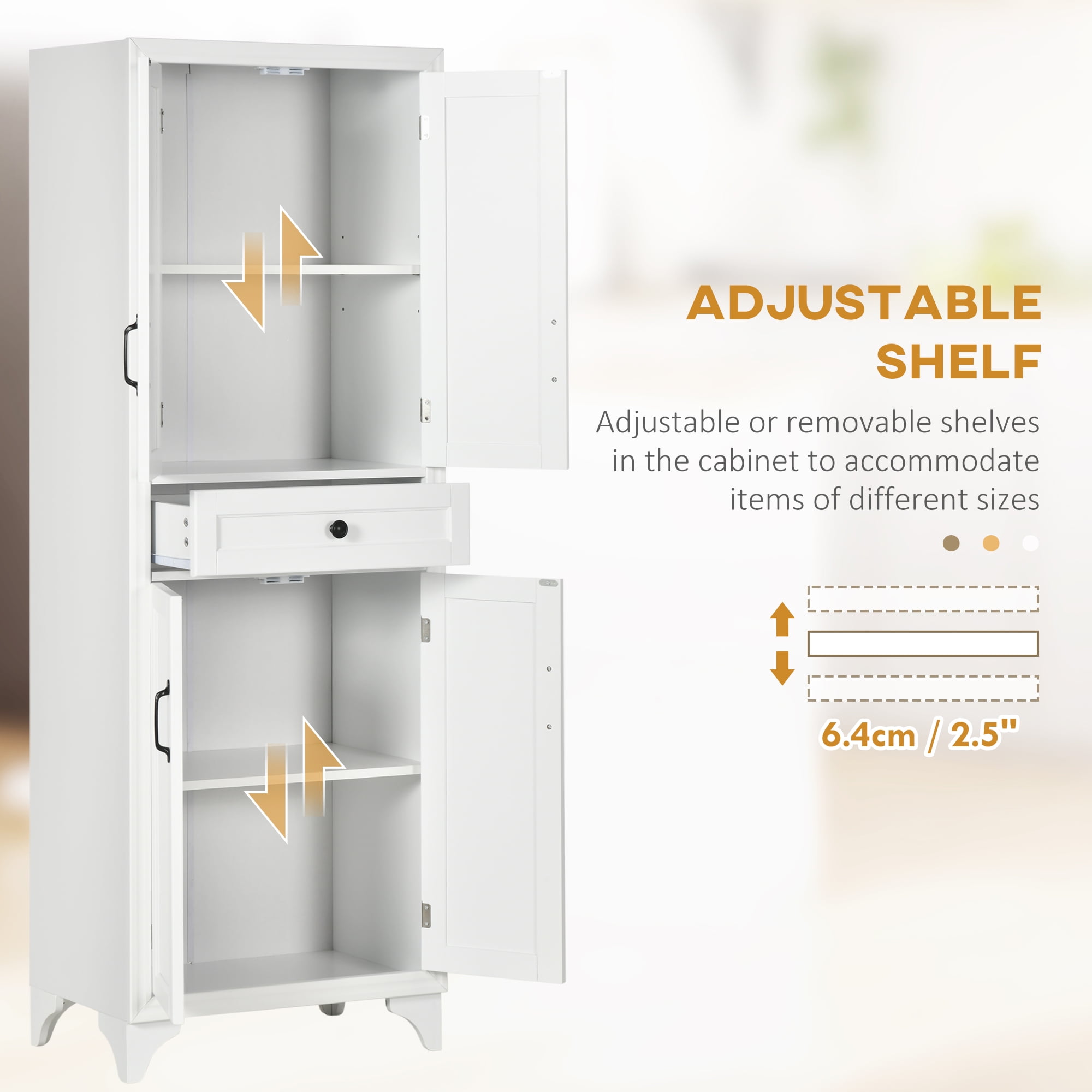 HOMCOM 67" Freestanding Kitchen Pantry Storage Cabinet with Doors and Shelf Adjustability, Kitchen Shelving Furniture for Small Spaces, White