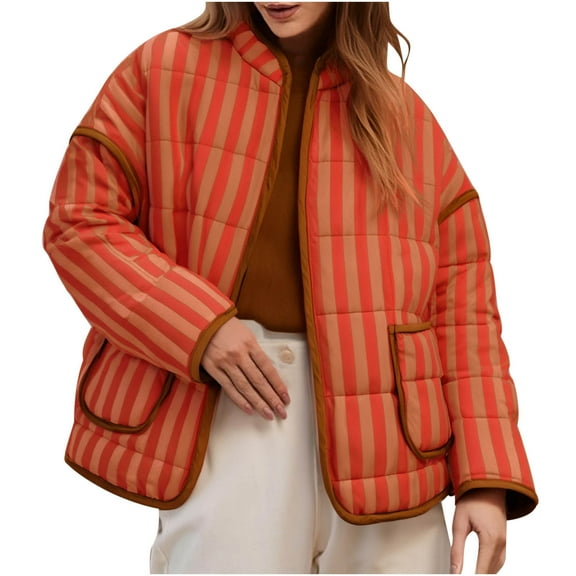 Hueook Winter Coats for Women Casual Floral Long-sleeved Jacket without Hood Orange L