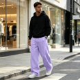 thumbnail image 7 of Men's Baggy Sweatpants Wide Leg Lounge Cotton Casual Jogging Pants With Pockets | High Waist Drawstring,Open Bottom,Workout Athletic Outfits Light Purple M, 7 of 7