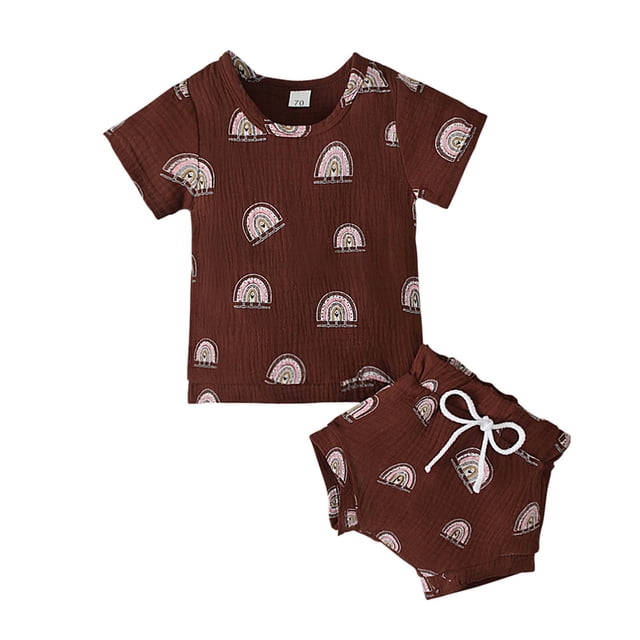 Ropa Para Bebé (Niño O Niña), Conjunto Para Niño Pequeño, Manga Corta, Estampado De Cactus Arcoíris, Pantalones Cortos, Conjunto De Dos Piezas Para Niños, Marrón Odeerbi LM103-9881