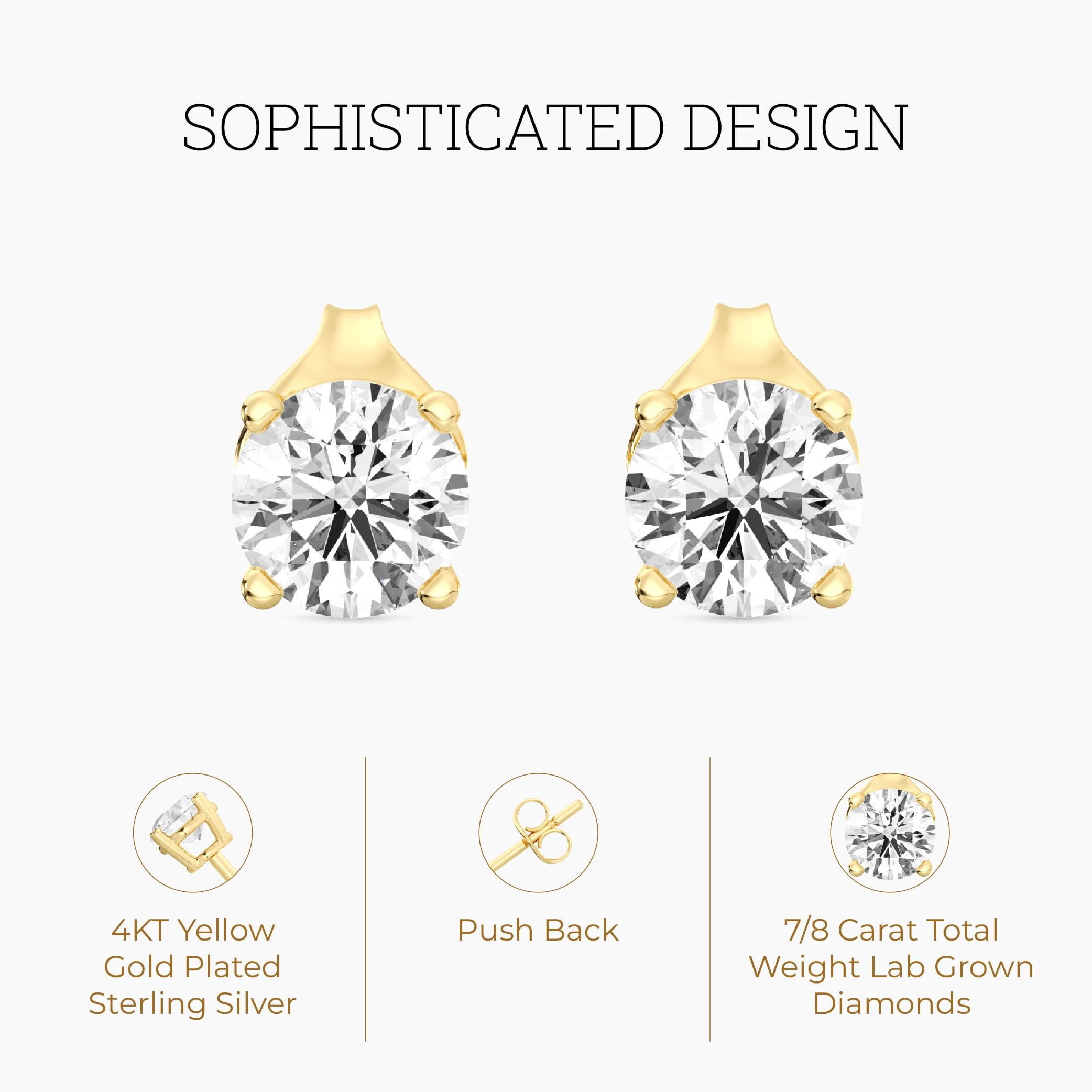 Gilded 7/8 CTW Lab-Grown Diamond Stud Earrings for Women, Round Cut 14KT Gold-Plated Silver, Hypoallergenic Jewelry - SI1 Clarity F Color