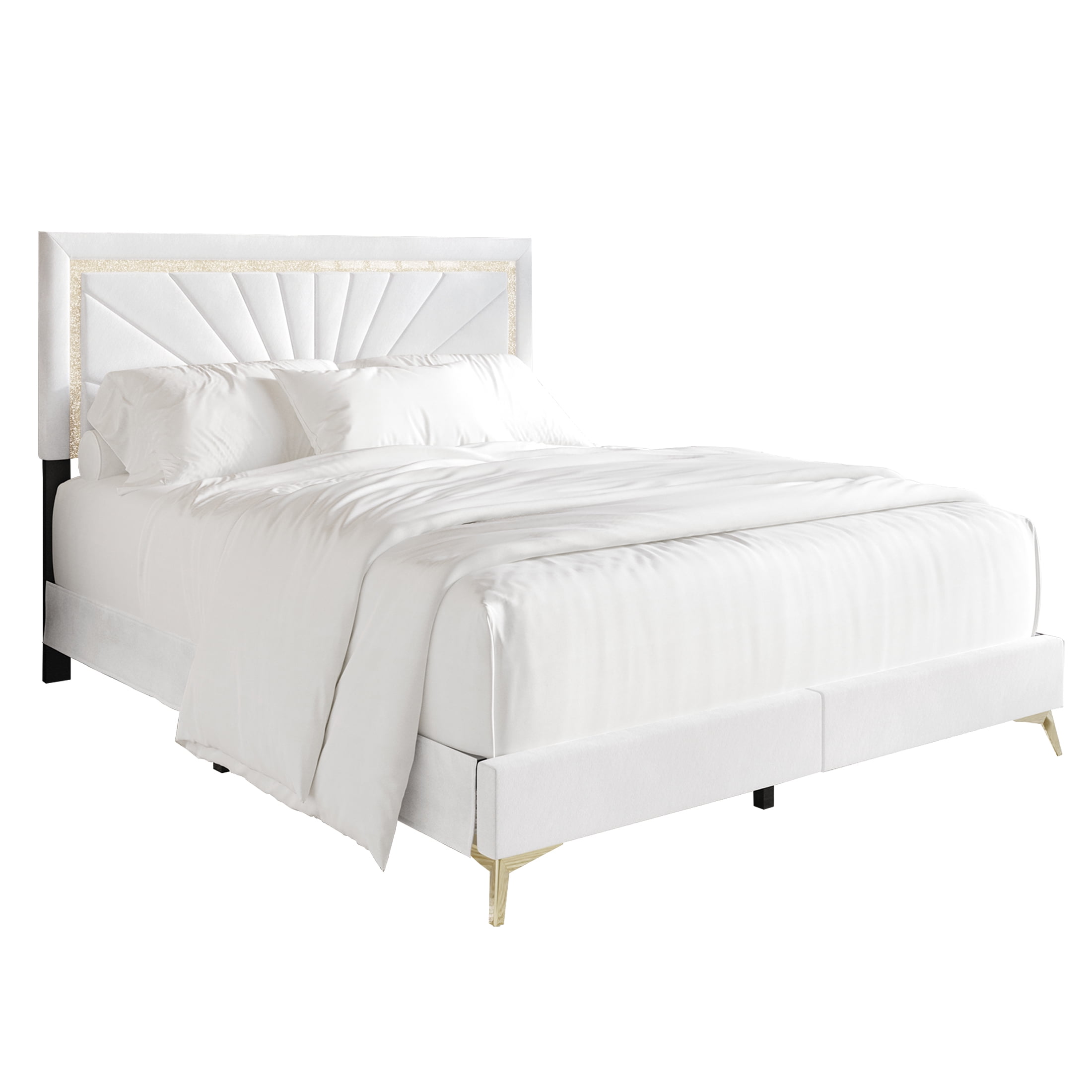 Castle Place Luxurious Diamond Strip Velvet Upholstered Bed White, Queen