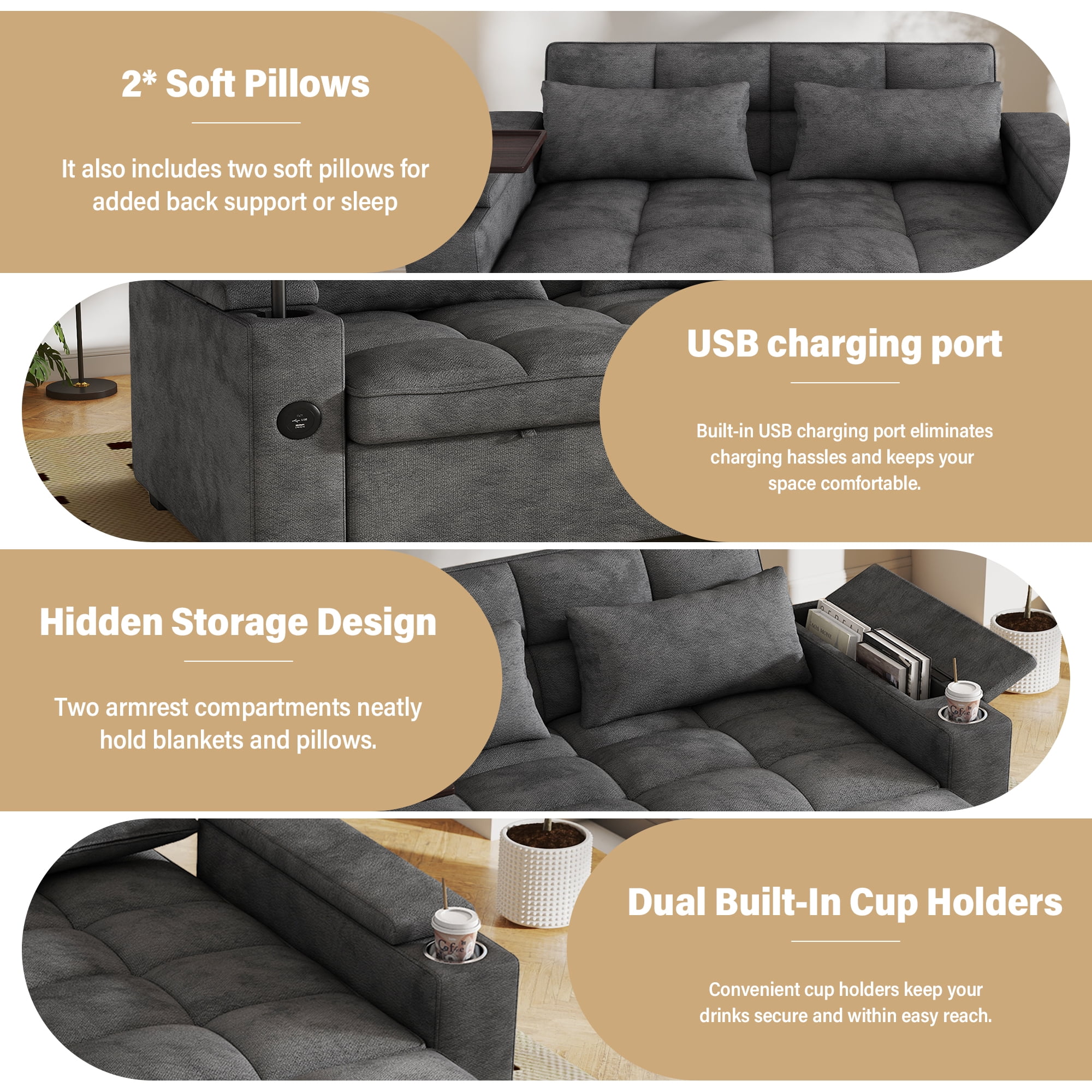 Aukfa 65"W Convertible 3-in-1 Sofa Bed with Storage, Queen Chenille Sleeper Couch with USB/Type-C Ports & Rotating Side Table,Gray