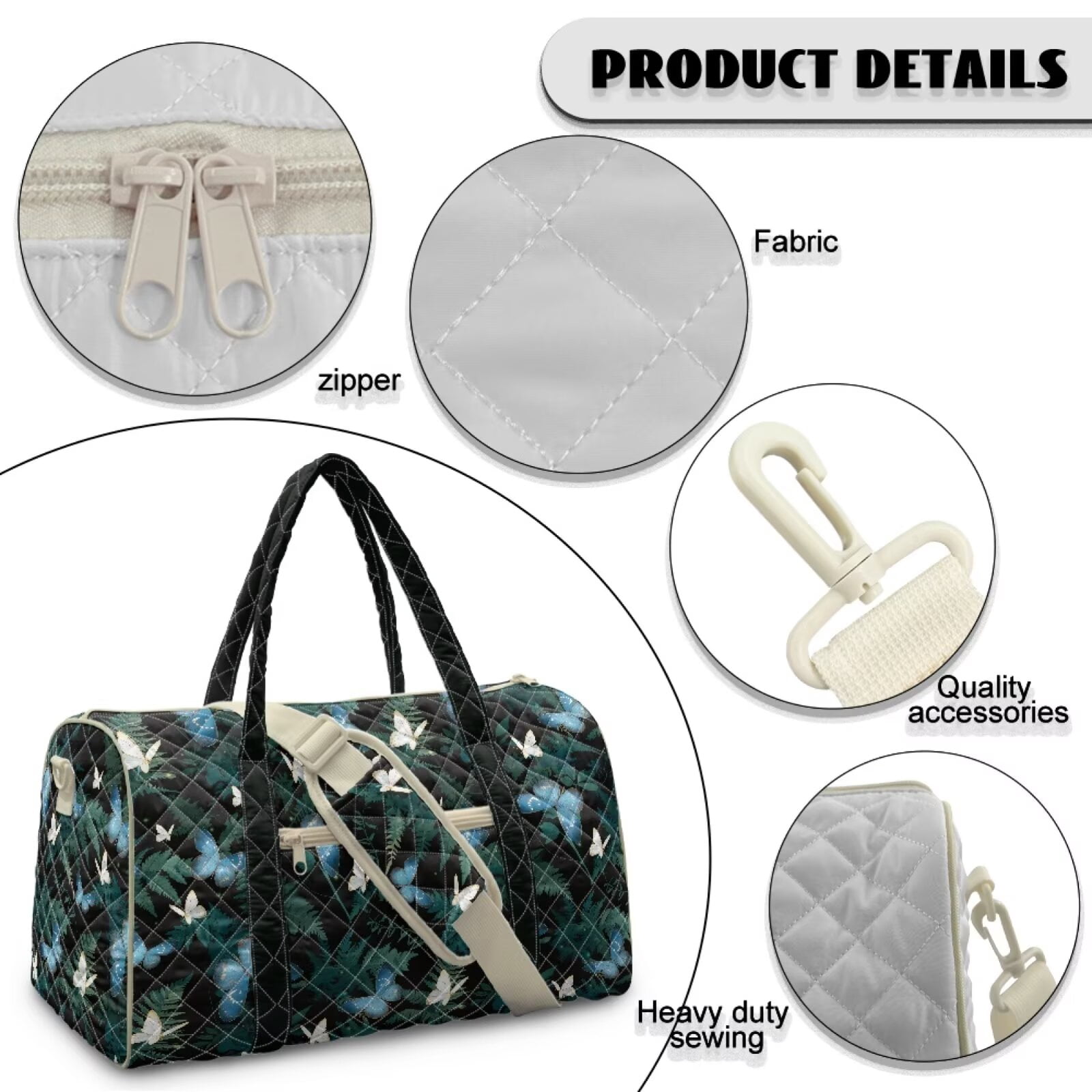 Chririnla Butterfly & Green Fern Pattern Travel Duffle Bags for Women Stylish Gym Bag with Luggage Handle Strap & Multi-Pockets Fits Weekends