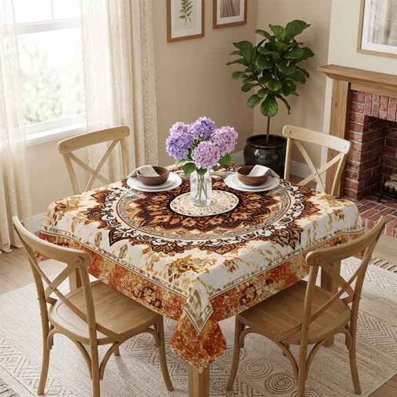 Bohemian Square Tablecloth 54x54 Inch Retro Floral Waterproof Polyester Table Cover, Washable Stain Resistant Tablecloth for Dining Table Kitchen Wedding