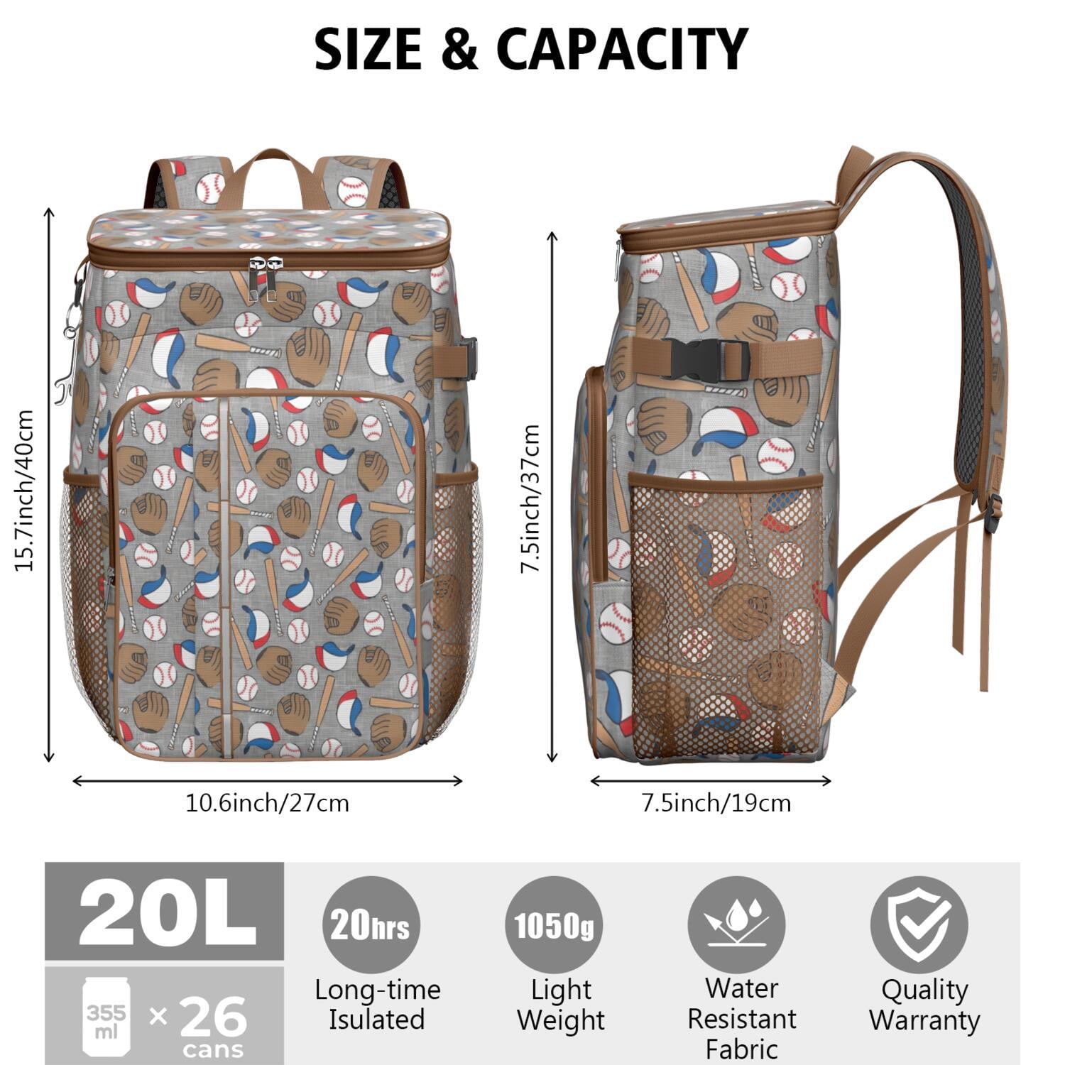 Travel Cooler Bag - Baseball Items Pattern Camping Beer Cooler Backpack with Bottle Opener- Waterproof Insulated Picnic Backpacks - Cooler Bag for Beach