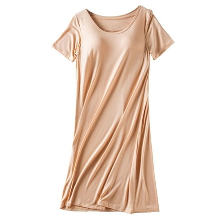 

Sebtyili Women s Casual Loose Chest Pad Mid Length Summer Short Sleeved Pajamas Bottoming Dress