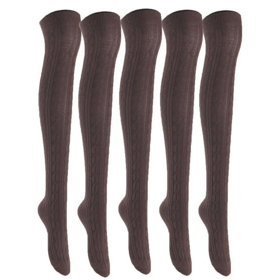 Lian Lifestyle Exquisite Big Girls Women 5 Pairs Thigh High Cotton Socks. Super Comfortable in Vibrant Unique Colors Size 2.5-7 LBG1024 (Coffee)
