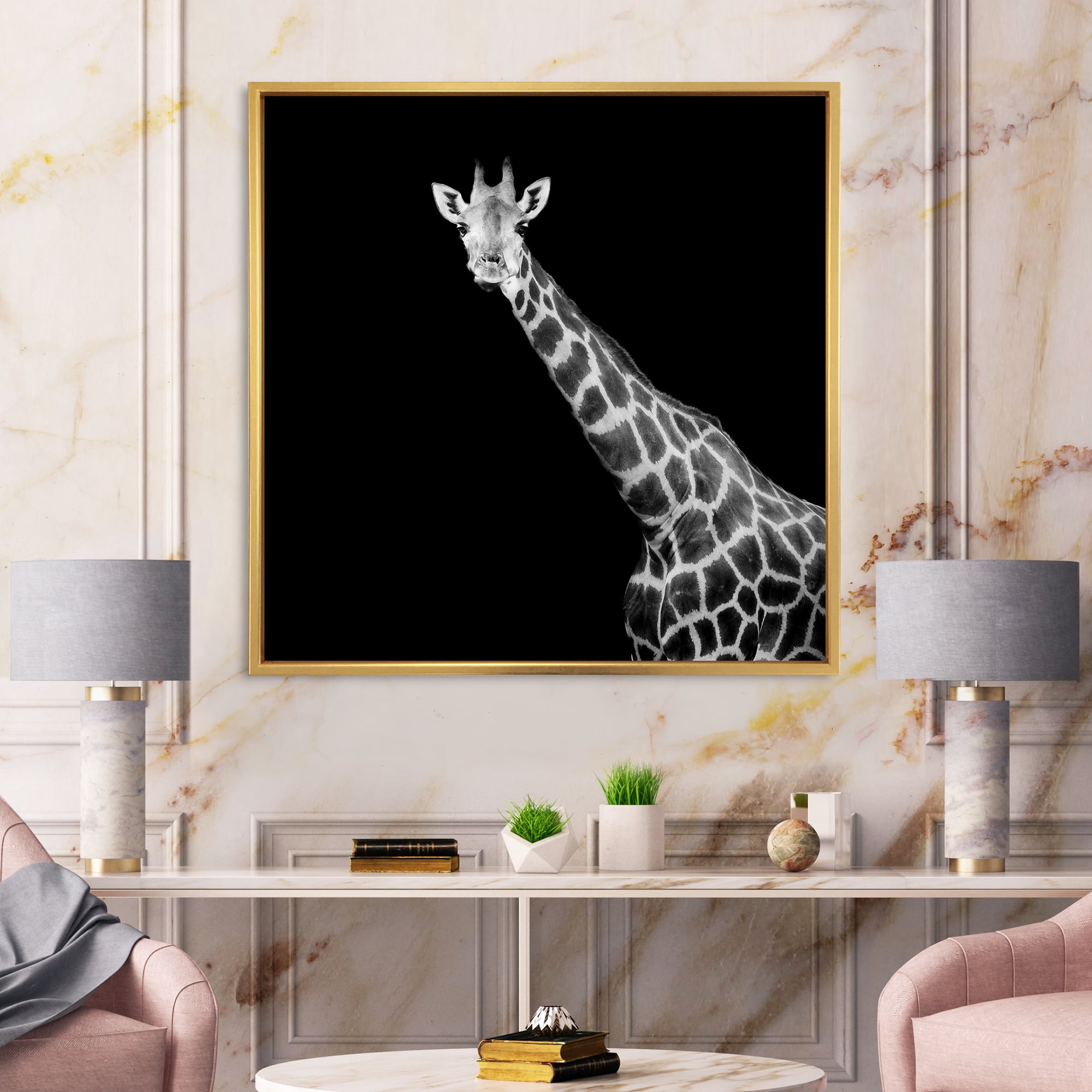 Designart 'Close Up Portrait Of A Giraffe On Black I' Farmhouse Framed Canvas Wall Art Print