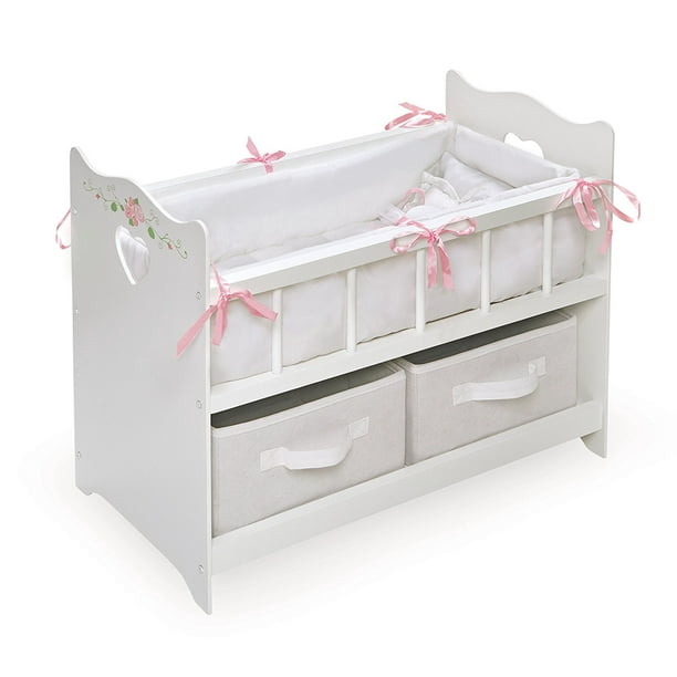 White Rose Doll Crib With Two Baskets Fits American Girl Dolls