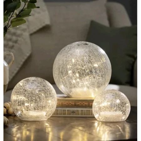 Evergreen Set of 3 LED Glass Spheres with Clear Crackle Finish MISSING SMALL ORB