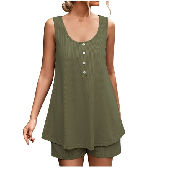 REORIAFEE 2 Piece Outfits for Women Summer Sets Beach Outfits Women's Spring Summer Tank Top Shorts Two Piece Casual Home Set Army Green L