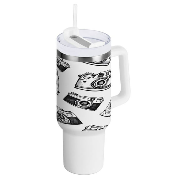 40 oz Tumbler with Handle and Straw Lid Hand Drawn Camera Insulated Vacuum Water Bottle Stainless Steel Travel Cup