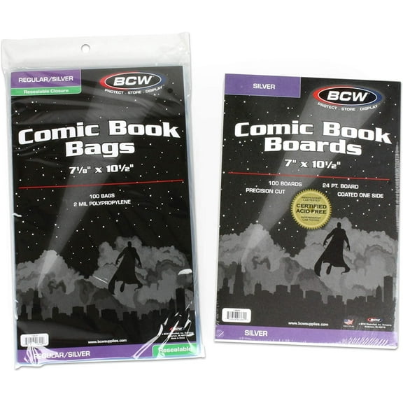 BCW Silver Age Resealable Clear Comic Book Bags & Backer Boards 100 ct