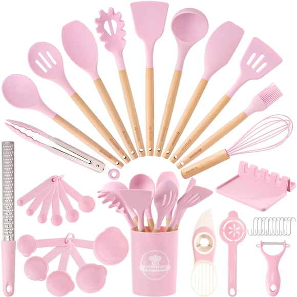 Juego de utensilios de cocina Astercook, 39 piezas de silicona con mango de madera