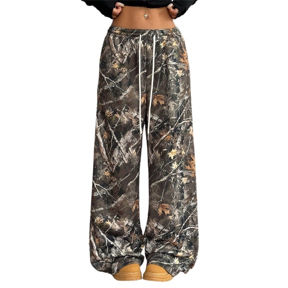 Michellecmm Women's Wide Leg Camo Pants Lightweight Elastic Waist Camouflage Print Loose Pants Trousers