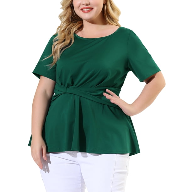 Women Plus Size Short Sleeves Twisted Knot Front Peplum Top Dark Green 3X
