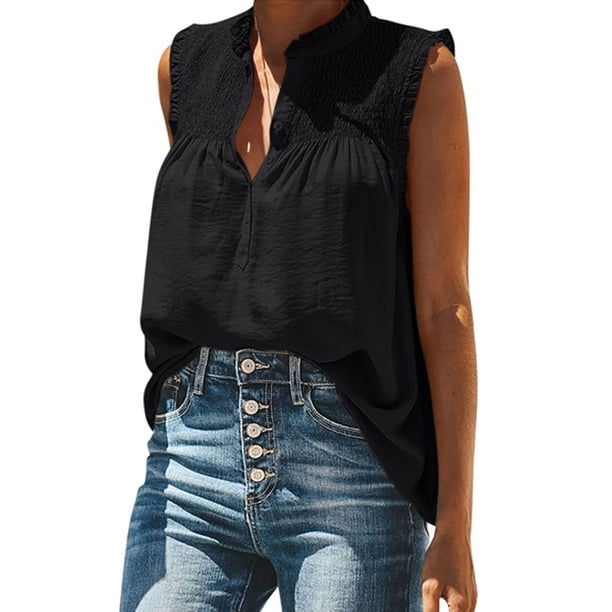 Luxtrada - Camiseta sin mangas para mujer, estilo informal, elegante, con fruncido, holgada, con botones, cuello alto, color liso, con volantes, talla grande, blusa de verano (negro, M)