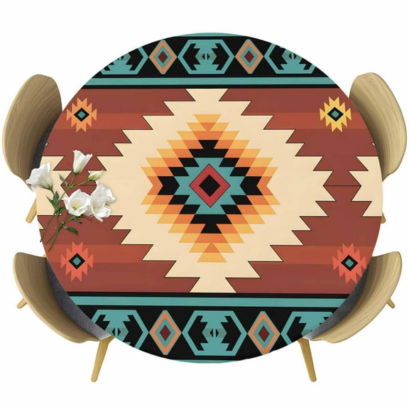 Boho Fitted Tablecloth with Elastic Edged, Round Table Cloth for Dining Table, Brown Turquoise Abstract Tribal Ethnic Geometric Waterproof Oil Proof Table Cover for Indoor Outdoor 45"-54"