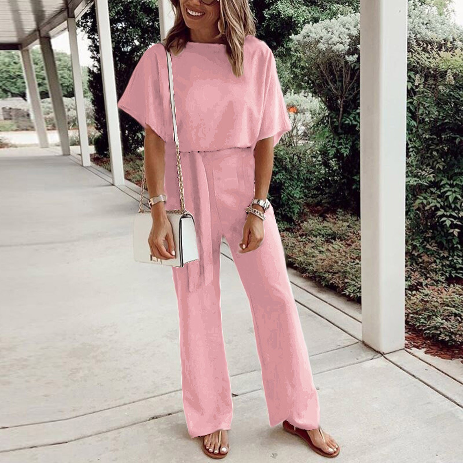 Alrise Pink Jumpsuit,Women Fashion Leisure Solid Color LaceUp Short