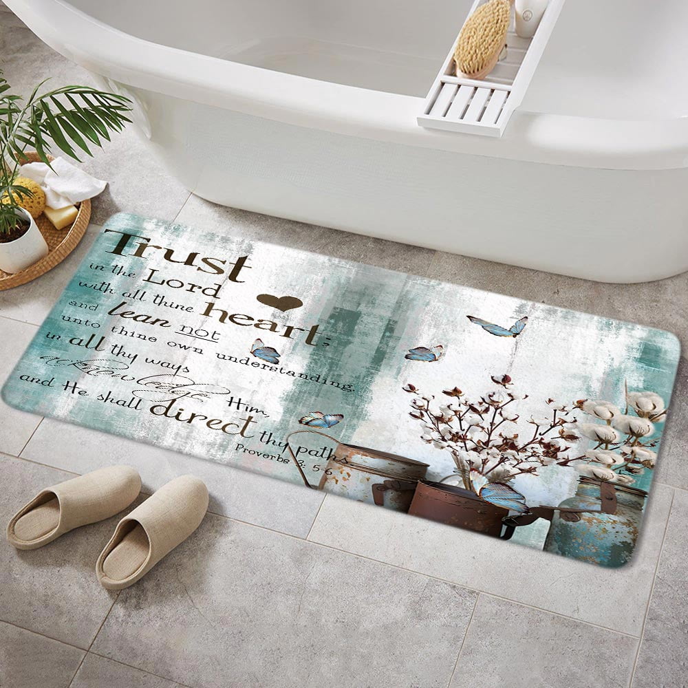 Inspirational Quote Bathroom Rug Mat, Bible Verse Inspirational Motivational Bathroom Rugs Set, Abstract Ink Paint Pink Teal Marble Non-Slip Bath Carpet, Extra Soft and Absorbent Bath Rugs(17"X48")