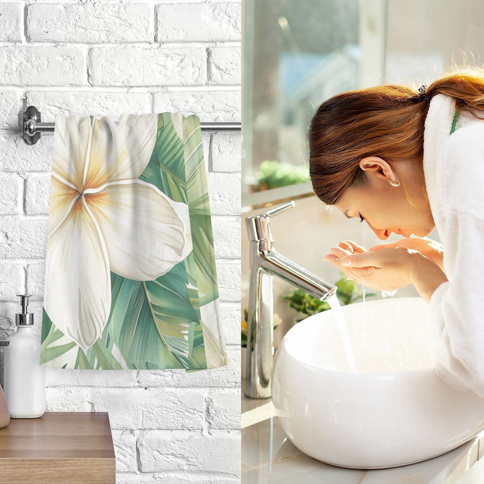 White Flower Green Leaves Hand Towels Cotton Bath Towels Large Face Towels Absorbent for Bathroom 2 Packs