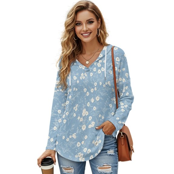 DISNIMO Flower Printed Hoodies for Women Long Sleeve Sweatshirts Waffle Pullover Tops for Fall Winter, S