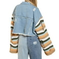 thumbnail image 4 of KOMOO Denim Patchwork Jacket Striped Button Cropped Jeans Coat Long Sleeve Lapel Short Denim Jacket Pockets, 4 of 8