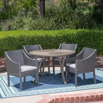 Priscilla Outdoor 5 Piece Acacia Wood and Wicker Dining Set with Cushions, Gray, Gray, Silver