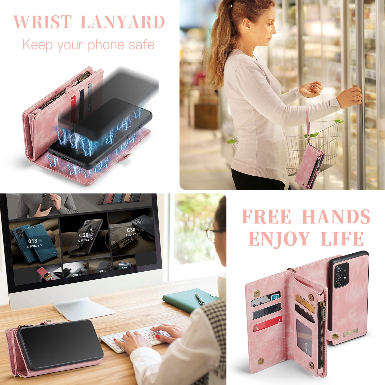 Feishell Durable 2- In-1 Magnetic Detachable Wallet Case for Samsung Galaxy A52 4G/5G,for Women Men,Premium PU Leather Zipper Pocket Flip Multi Card Slots Purse Phone Case with Wrist Strap,Pink