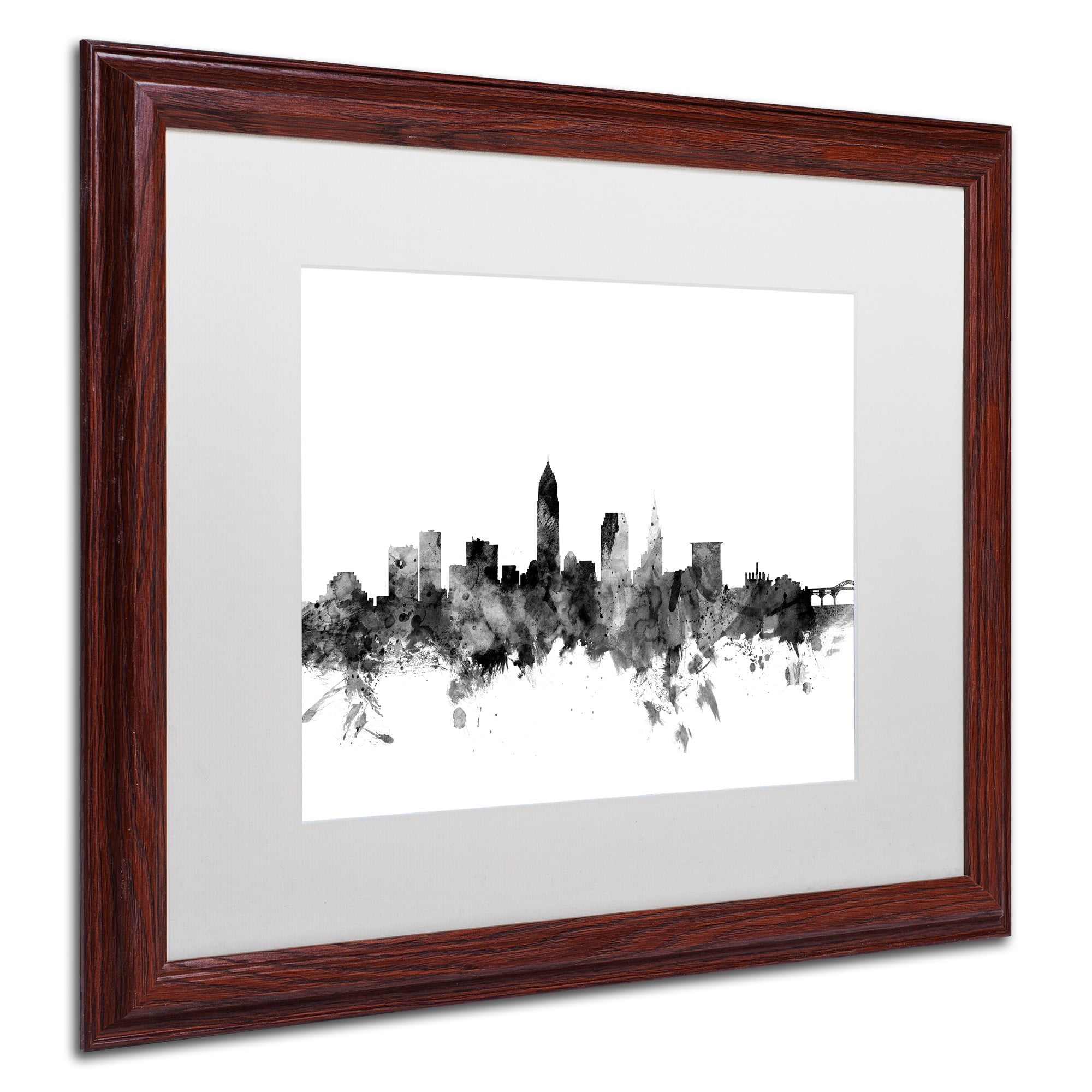 Trademark Fine Art 'Cleveland Ohio Skyline B&W' Canvas Art by Michael Tompsett White Matte, Wood Frame