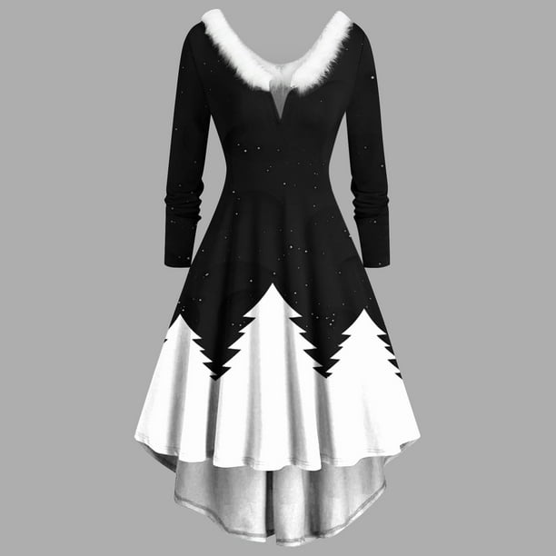 Vestidos de Navidad Para Mujer Manga Larga Estampado Navideno Peludo Escote en V Vestido de Fiesta Con Columpio en La Espalda Odeerbi ODB200208 Walmart en linea