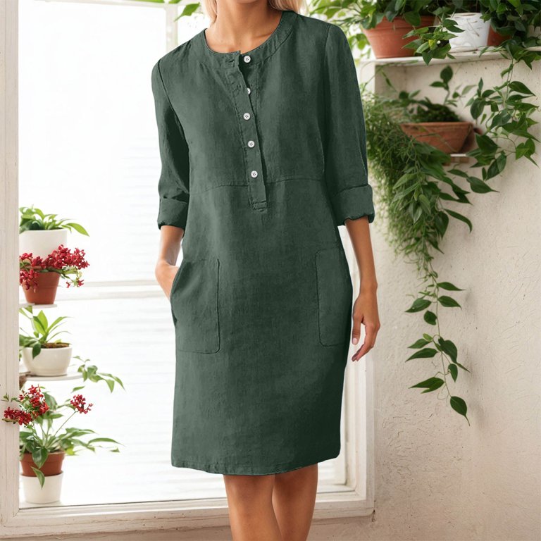 YUNJIAN Women's Casual Button Dress Elegant Loose Fit Comfortable Linen Midi Shirt Dress with Pockets for Home Travel Spring Summer Autumn Womens
