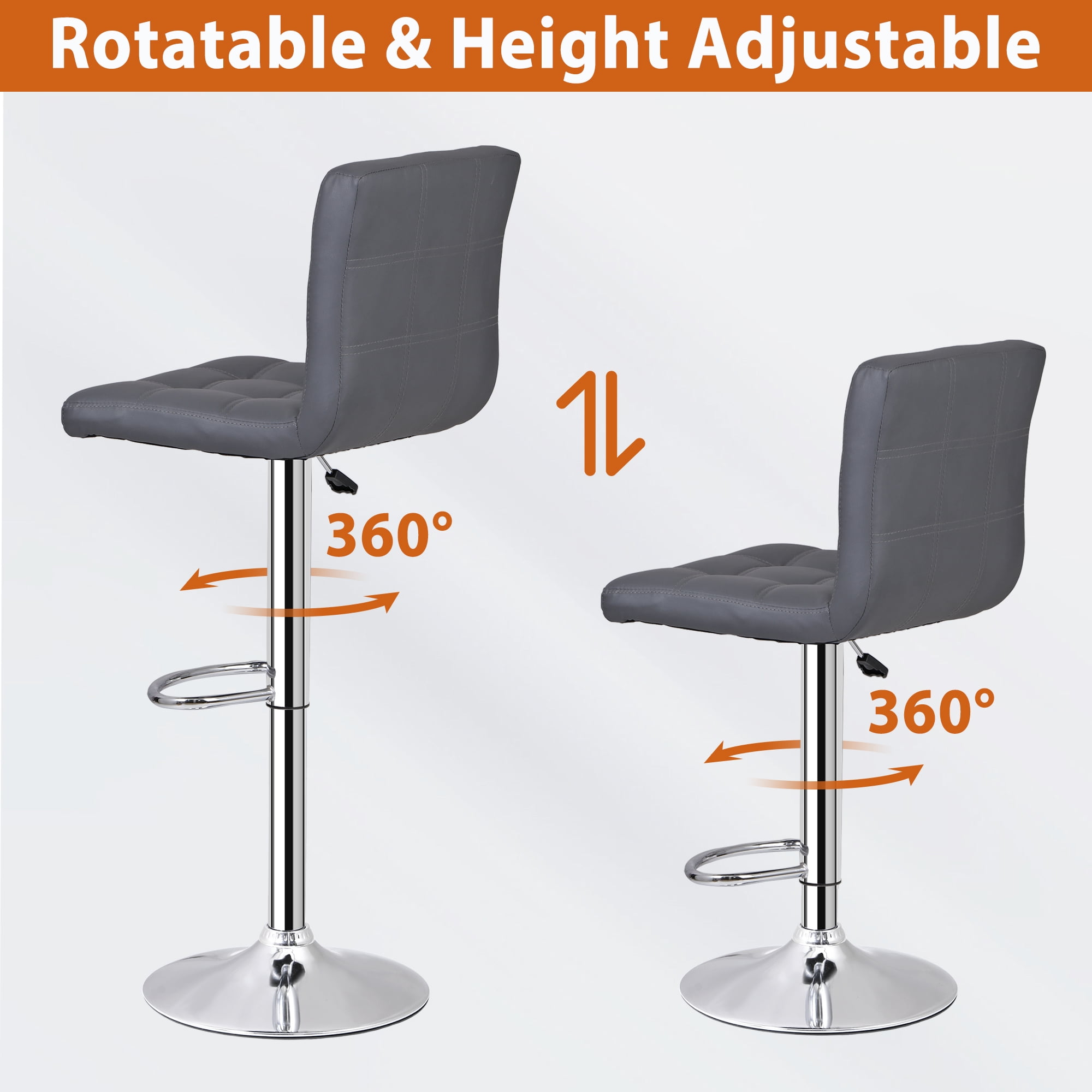 ZenSports Set of 4 Adjustable Stool W/Back - PU Leather Swivel Barstools Bar Indoor Kitchen Counter Stool Gray