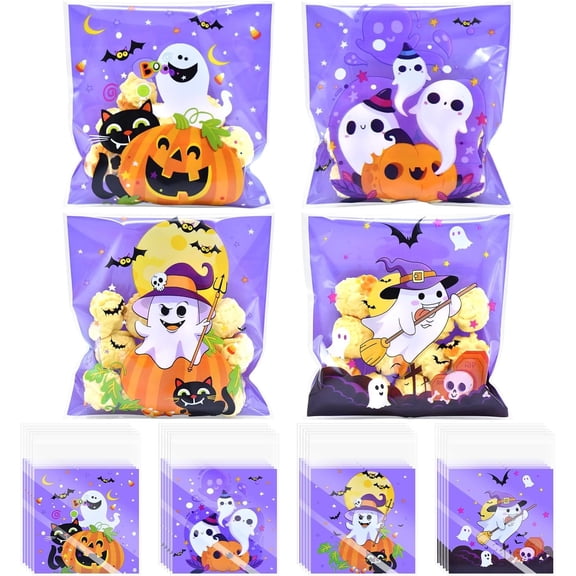 100 Pack Halloween Cellophane Bags with Self Adhesive Seal - Pumpkin Candy Bags with 4 Designs for Halloween Party Favors, Trick or and Candy Packaging