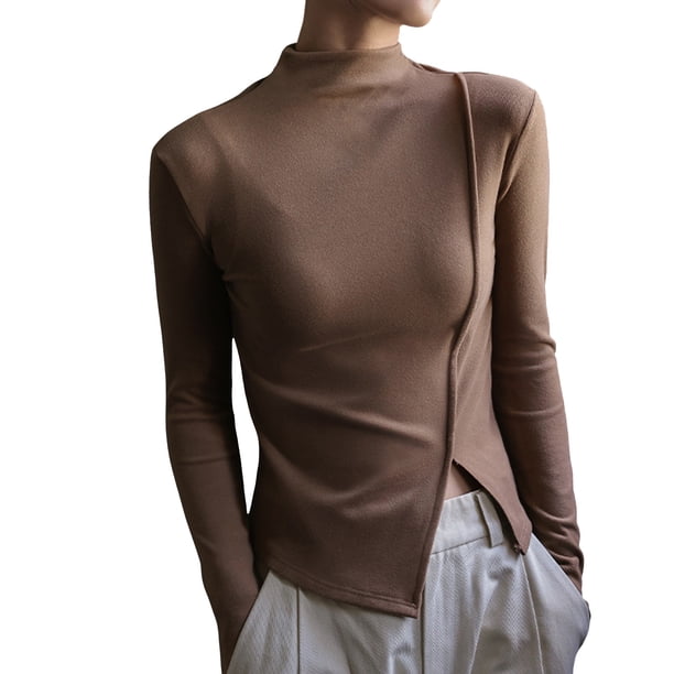 Camiseta básica de manga larga para mujer: cuello alto, corte ajustado, elástica y ligera, blusa para combinar con otras prendas, ideal para hacer ejercicio o para un look informal.